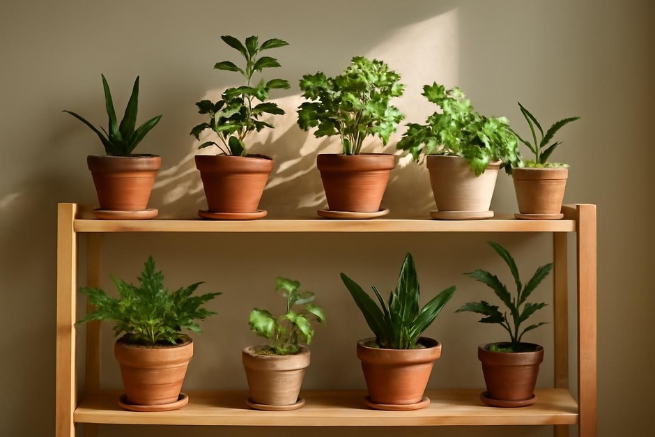 A sunlit wooden shelf with a mix of potted plants arranged in an ordered composition