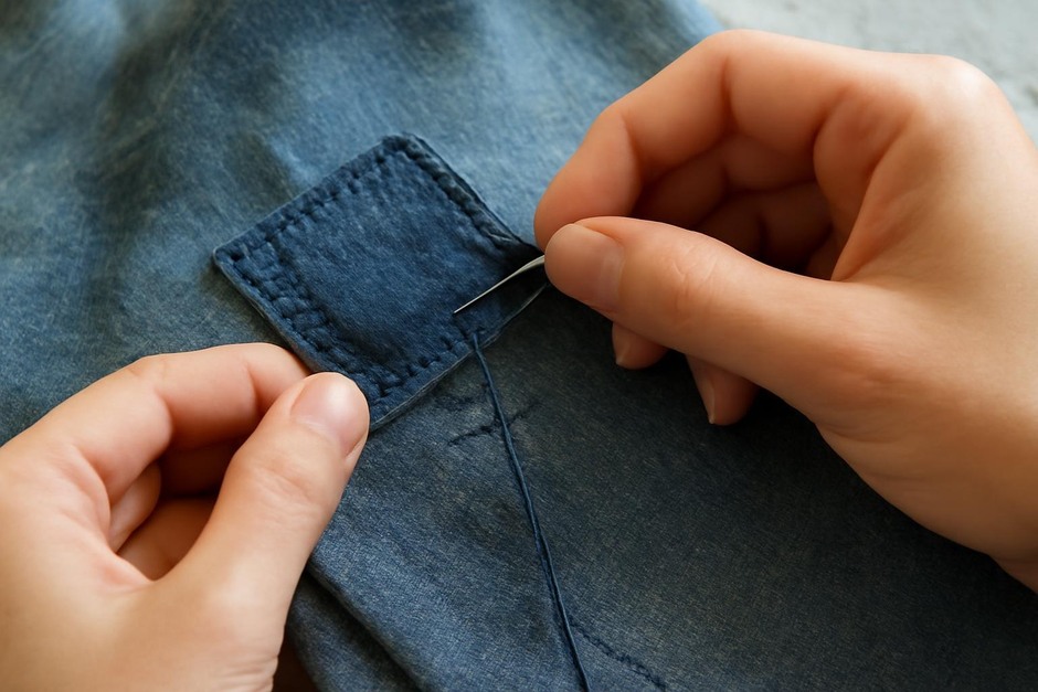Close-up of hand stitching on a denim patch