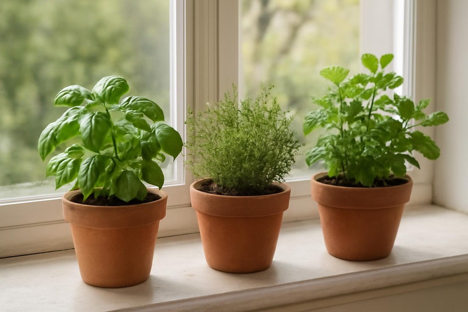 Three small herb pots on a sunny windowsill, basil, thyme, and mint